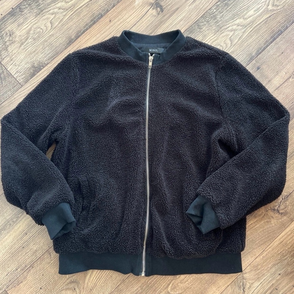Women’s Black Sherpa Fleece Bomber Jacket Size Medium